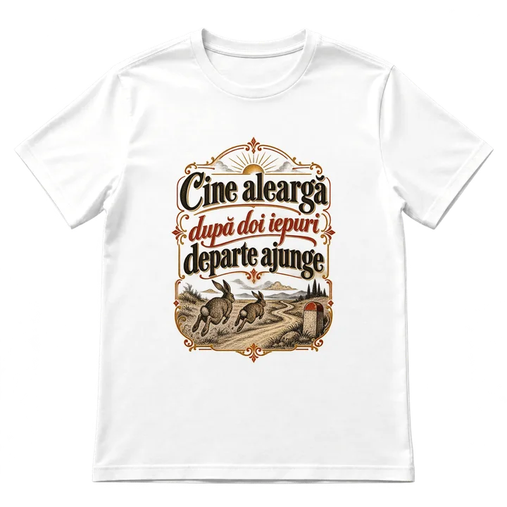 Tricou „Cine aleargă după doi iepuri departe ajunge”