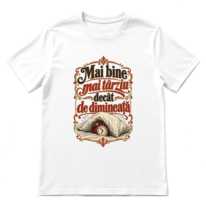 Tricou „Mai bine mai târziu decât de dimineață”