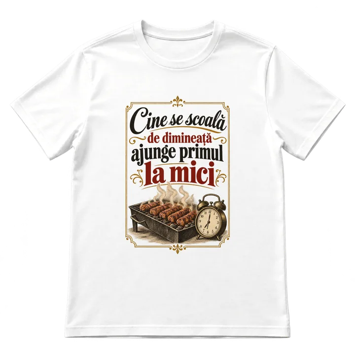 Tricou „Cine se scoală de dimineață ajunge primul la mici”